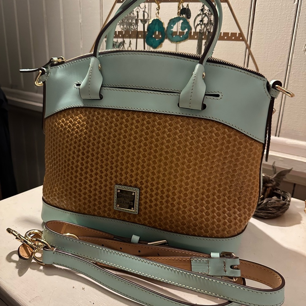 Dooney & Bourke Woven Tan and Sky Blue Dome Satchel